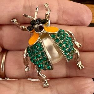 Silver and Green rhinestone Beetle Brooch NWT